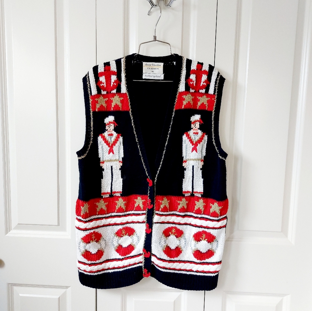 Navy Sailor Sweater Vest‎ Cracker Jack Marisa Christina Medium Vintage HandKnit